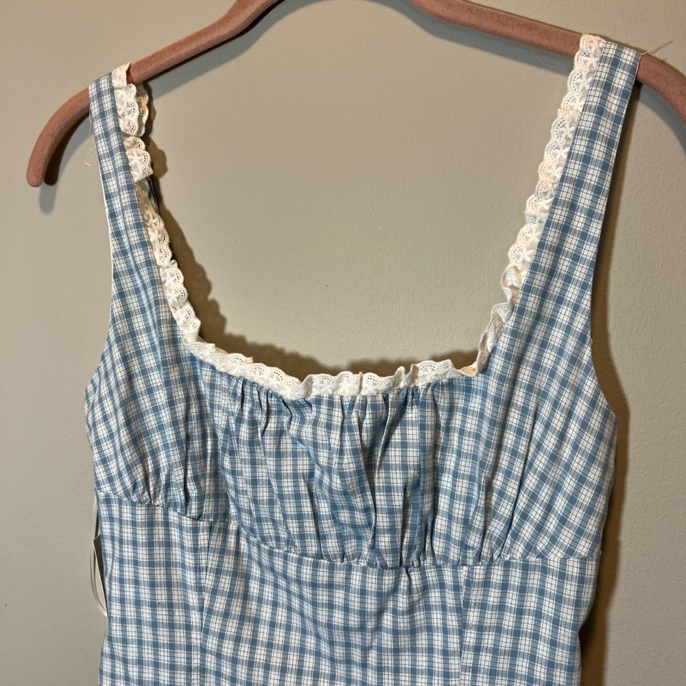 PacSun Your Favorite Blue Gingham Lace Trim Mini Dress Milkmaid Cottagecore S - Picture 2 of 12